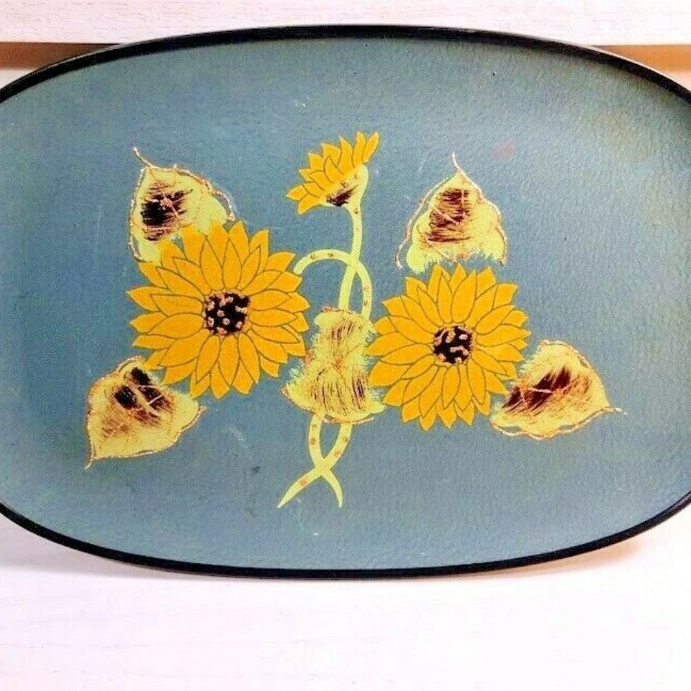 Vintage Turquoise Blue Yellow Sunflower Hand Painted Tilso Japan Serving Tray
